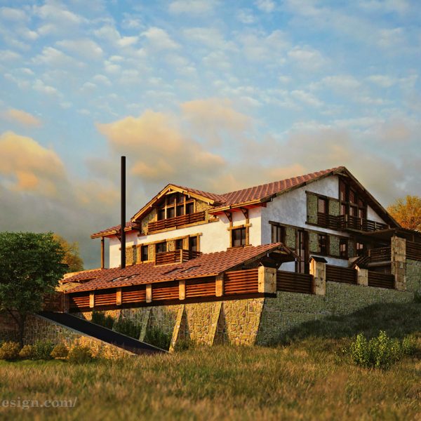 Photorealistic 3D rendering of a country house.