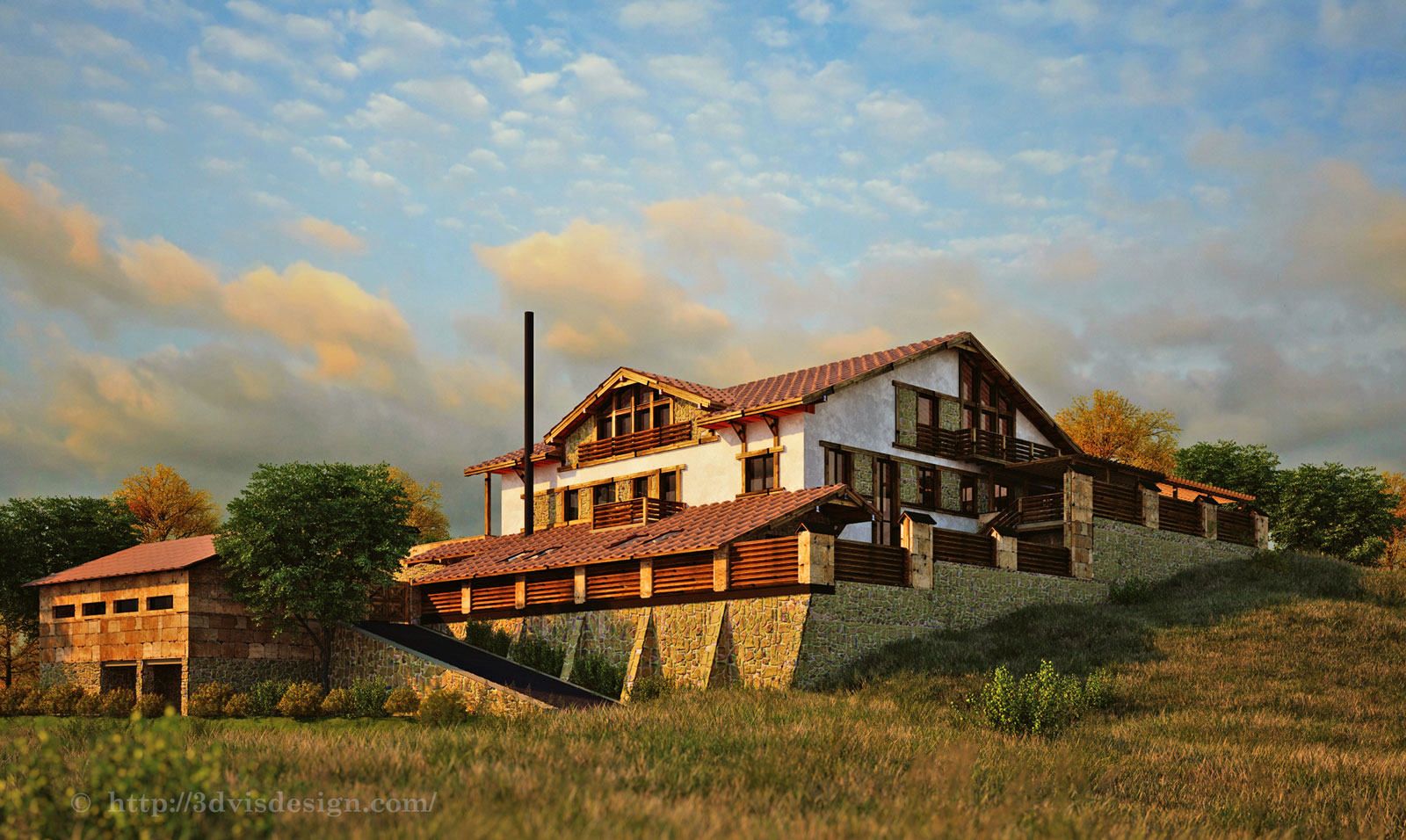 Photorealistic 3D rendering of a country house.