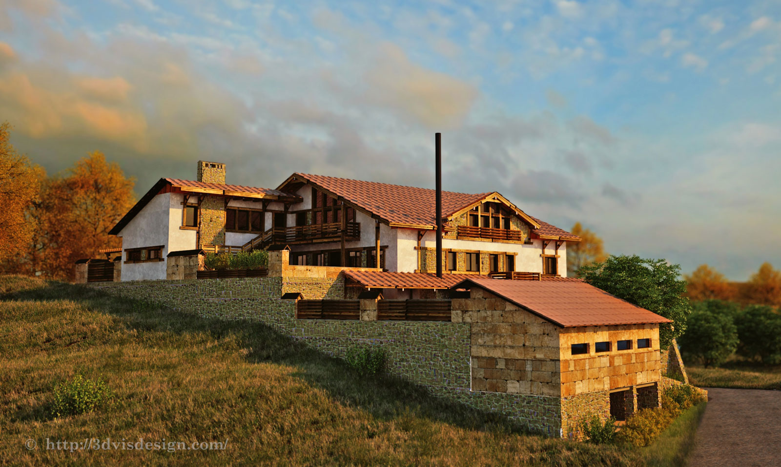 Photorealistic 3D rendering of a country house.
