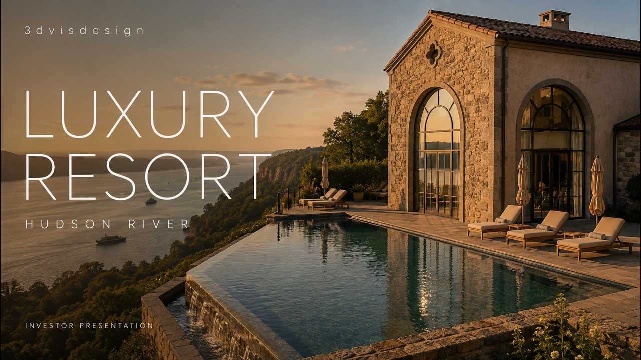 AI real estate video still frame — Luxury Resort Hudson River investor presentation by 3DvisDesign
